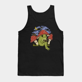 A Cute Frog in Mushroom Cap, Reading Amongst Snails and Toadstools, Embracing Goblincore Charm Tank Top